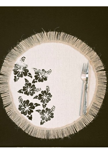 %100 Pamuklu Ham Keten Hasır Püsküllü Çiçek Taş Baskı 6' Lı Amerikan Servisi Supla Yuvarlak 40cm Naturel