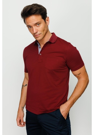 Erkek Polo Yaka Düğmeli Cepli T-shirt Bordo Bordo