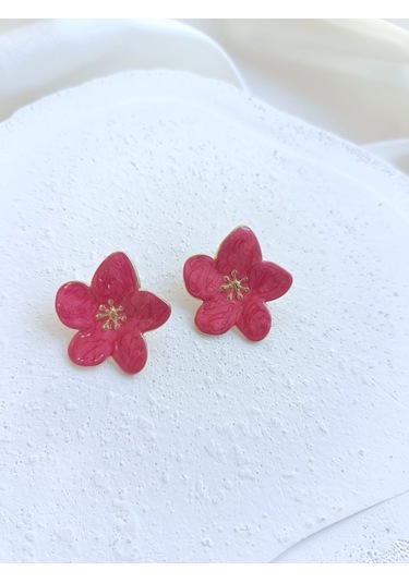 Çelik Fuşya Çiçekli Küpe Altın - Pembe