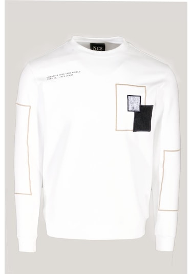 Erkek Sweatshirt Beyaz Bisiklet Yaka Relax Fit Nakış Detaylı Double Face Pamuk Sweat Ncs Jeans 1618-beyaz Beyaz