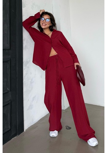 Madmext Kırmızı Keten Kadın Gömlek Pantolon İkili Takım Mg2356 Kırmızı