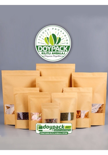 Doypack Kraft Pencereli Kilitli Doypack 16 x 27 CM 500 G 100'lü