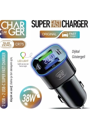 Subzero Cr75 38w Rgb Araç Şarj Başlığı 2 Usb + 2 Pd & Dijital Renkli Ekran