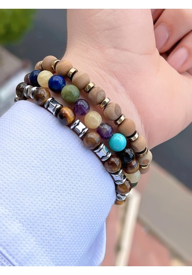 Nursaat Doğal Taş Özel Kombin Kaplan Gözü-çakra-oniks Oluşumu Doğal Unisex Enerji Bilekliği Blkt.ns02 3 Adet Çok Renkli