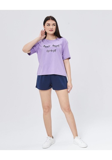 Bella Dossi Pamuklu Kısa Kollu Baskılı Şortlu Kadın Pijama Takımı Mor