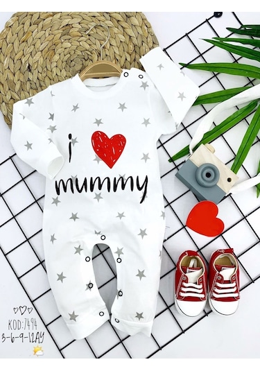 3-6-9-12 Ay Gümüş Yıldız I Love Mummy Baskılı Uzun Kollu Kız Erkek Bebek Tulumu