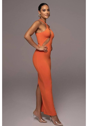Uzun Göğüs Dekolte Elbise-Turuncu
