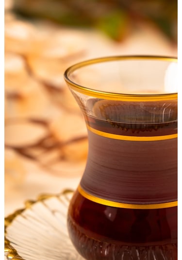 Mest 12 Parça 6 Kişilik Gold Yaldızlı Cam Çay Bardağı Seti Şıklığı Sofralarınıza Taşıyın Gold