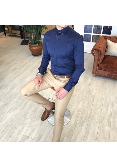 Italyan Kesim Slim Fit Erkek Saten Zincirli Gömlek Lacivert T4802