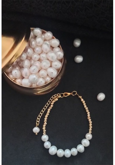 Dorika Detaylı Gerçek İnci 24k Altın Kaplama Bileklik Beyaz Tek E Gold