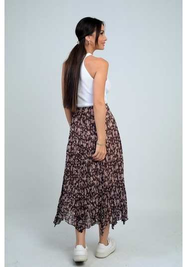 Kadın Beli Lastikli Astarlı Mini Çiçekli Midi Kraşlı Üçgen Etek-41769 Kahve