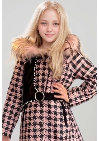 Riccotarz Kız Çocuk Kapüşonlu Peluş Detaylı Kare Desenli Pembe Kaban Pembe