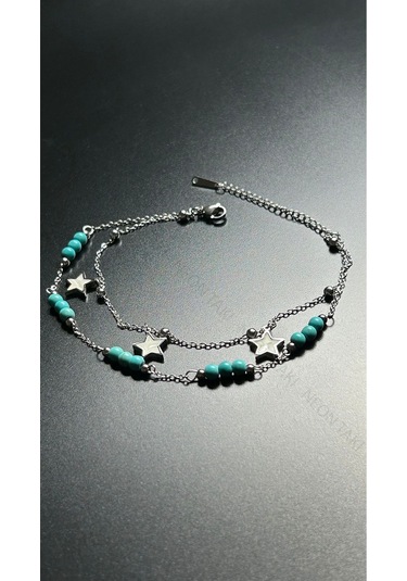 Mavi Boncuklu, Yıldız, Paslanmaz Çelik Halhal 33, Gümüş Renk Gümüş