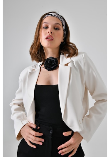 Ekru Kruvaze Crop Blazer Ceket Ekru