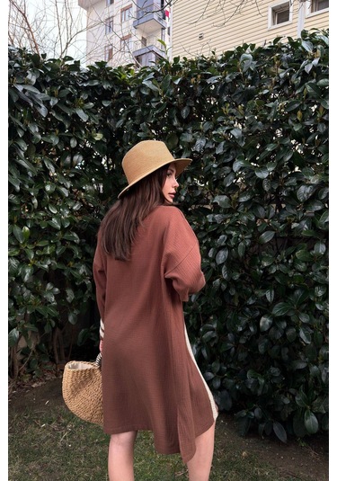 Kadın Kahve Müslin Kumaş, Hasır Şerit Detaylı Salaş Kimono Ceket Kahve