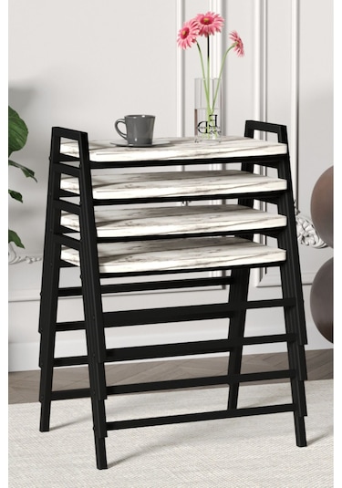 Zigon Sehpa , Aden 4'lü Tepsi Zigon Sehpa Takımı Siyah Metal - Beyaz Mermer Tabla Siyah-beyaz Mermer