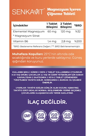 Senkavit Kids Magnezyum Sitrat Ve B6 İçeren 60 Çiğneme Tableti