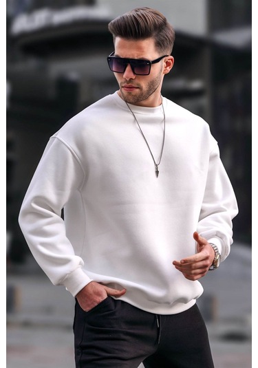 Madmext Ekru Bisiklet Yaka Oversize Şardonlu Basic Erkek Sweatshirt 6048-ekru Ekru
