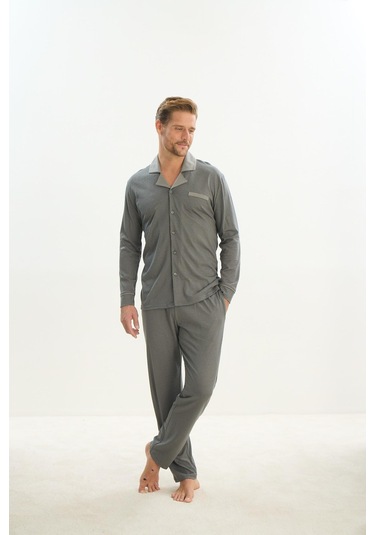 Erkek Uzun Kol Gömlek Yaka Önden Düğmeli Yeşil Pijama Takım C7t2n5o9 001