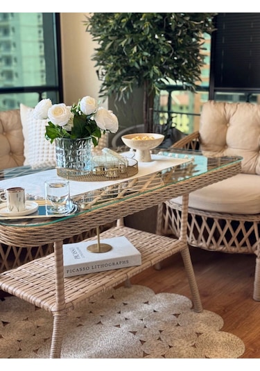 Paris Bahçe Balkon Bambu Rattan Oturma Grubu Bambu - Krem