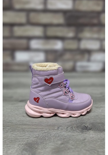 İçi Kürklü Kaydırmaz Kauçuk Taban Su Geçirmez Işıklı Çocuk Botu Lila