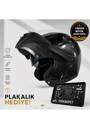 Vrt Çene Açılır Güneş Vizörlü Kask + Plakalık Karbon