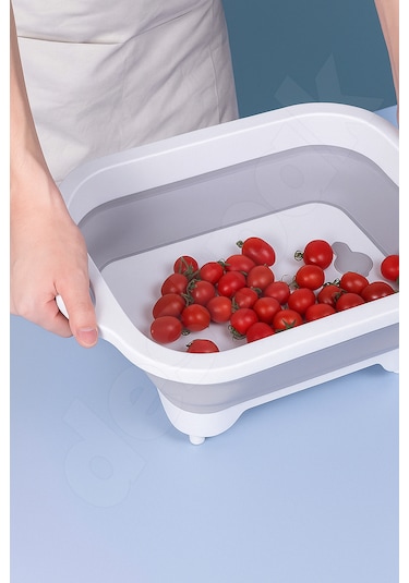 Katlanabilir Kesme Doğrama Tahtası - Yer Kaplamaz - Kamp Ve Mangala Uygun - Su Akıtma Tıpalı Beyaz - Gri