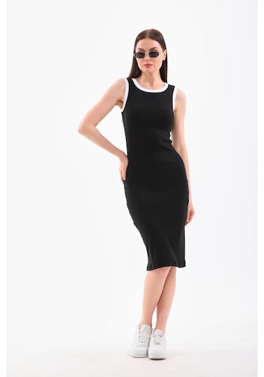 Beyaz Biyeli Kolsuz Diz Altı Fitilli Esnek Siyah Kalem Elbise Beyaz - Siyah