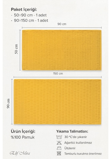 Banyo Havlu Seti %100 Pamuk 2 Parça 50 90 + 90 150 Cm Soft Comfort Sarı