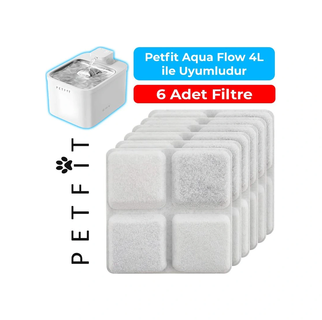 Petfit Aqua Flow 4l Akıllı Otomatik Kedi Köpek Su Pınarı Su Çeşmesi Su Şelalesi İçin Filtre 6 Adet