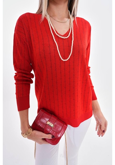 Kadın V Yaka Simli Kazak 12799 Bgl-st04107 Kırmızı