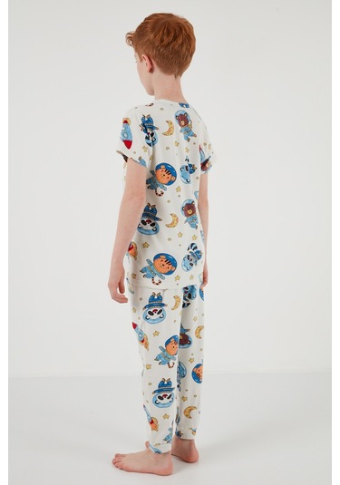 Lela Desenli % 100 Pamuk Bisiklet Yaka Erkek Çocuk Pijama Takımı 6651003 Ekru-Mavi