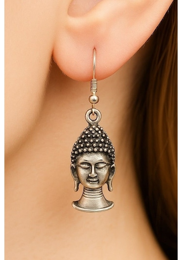 Zen Ruhlu Buda Şekilli Kadın Küpe Çift Adet Gümüş Kaplama El Yapımı Küpe Gümüş