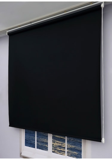 Düz Stor Perde - Kalın Mat Stor Güneşlik Kumaş Keten - Alüminyum Kasa Ve Boru - Eteği Dilimsiz/düz Siyah