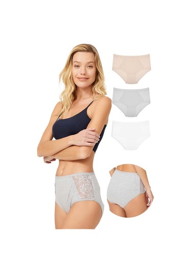 Dantel Detaylı Klasik Pamuklu Bato Külot 3'lü Paket - 3 Çok Renkli 5 Çok Renkli