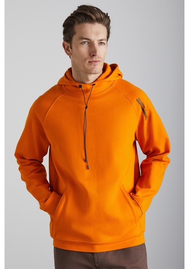 Malagos Erkek Içi Polarlı Yumuşacık 3 Iplik Içi Şardonlu Regular Kapüşonlu Turuncu Sweatshirt