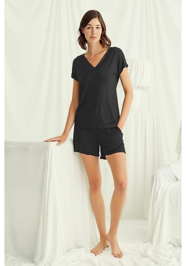 Monamise 18496 Kadın V Yaka Kısa Kollu Şortlu Pijama Takımı-siyah Siyah