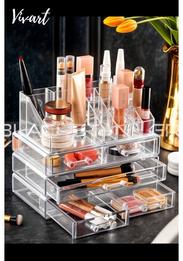 Vivart 4 Katlı Büyük Boy Özel Tasarım Çekmece Modul Makyaj Organizer Kozmetik Kalemlik Düzenleyeci Şeffaf Beyaz