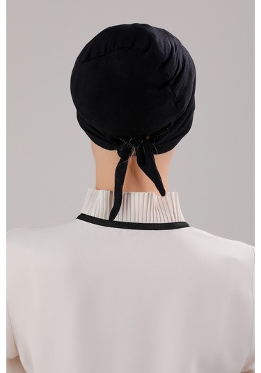 Tesettür Geçmeli Bağcıklı Viskon Likralı Dikişsiz Bone Siyah Siyah