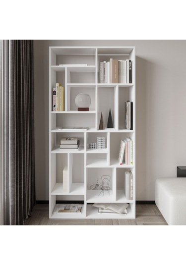 Nicola Kitaplık 18 Raflı, Modern Kütüphane Beyaz