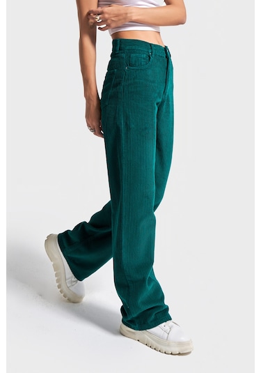 Itsbasic Kadın Petrol Yeşili Doris 29w5-118 Straight Fit Yüksek Bel Kalın Fitilli Velvet Kadife Kumaş Pantolon Yeşil
