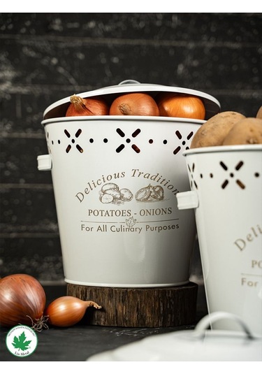 Lüx Metal Patates Soğanlık Kovası Sebze Saklama Kabı Beyaz