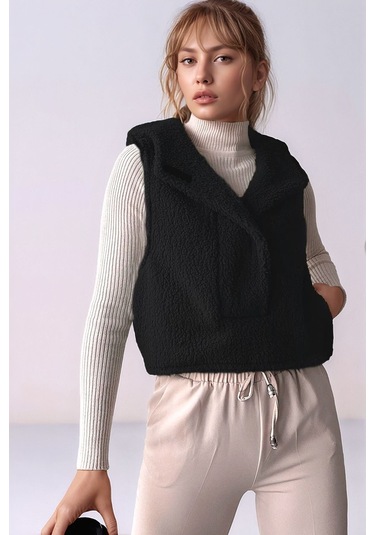 Kadın Önü Çıtçıtlı Kapüşonlu Yan Cepli Tasarım Yaka Spor Şık Crop Peluş Yelek Mavi