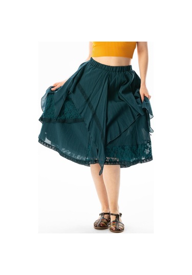 Salkım Vual Dantelli Saçaklı Uzun Yazlık Otantik Etek Petrol Ptrl-petrol Petrol