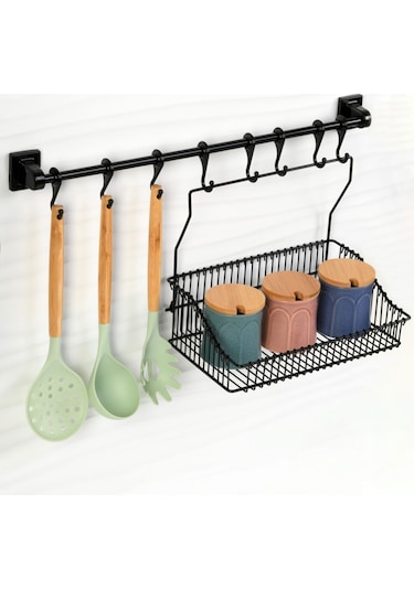 Vidasız Montaj Duvar Rayı 8li Askı(45cm) Ve Sepet 30 cm