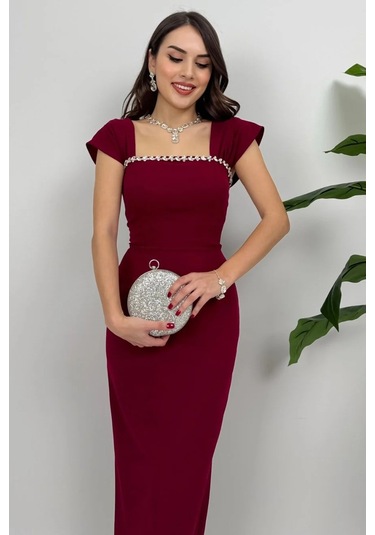 Valentia Madonna Yaka Taş İşlemeli Kalem Bordo Abiye Elbise, Zarif Davet Elbisesi Bordo