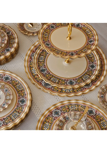 Glore Gisele Altın Yaldızlı Cam 28 Parça Çay İkram Takımı Full Set Renkli