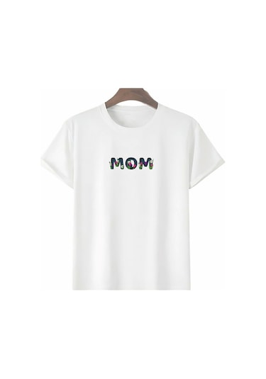 Anneler Gününe Özel Tasarım Mom Çiçek Baskılı T-shirt - Beyaz