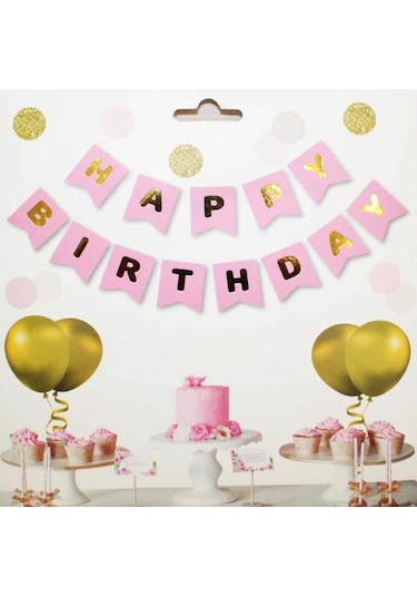Pembe Zemin Happy Birthday Gold Banner