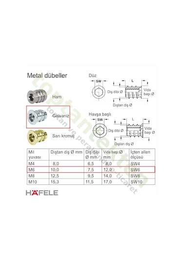 Hafele Dübel Çelik Galvaniz Havşa Başlı M6X13Mm